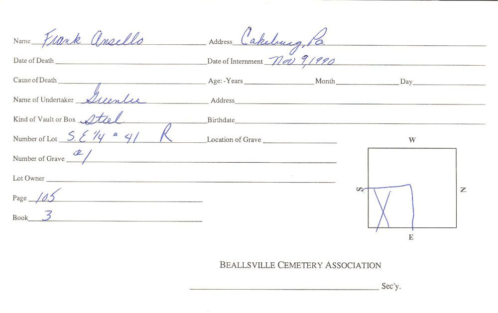 Frank Ansello burial card